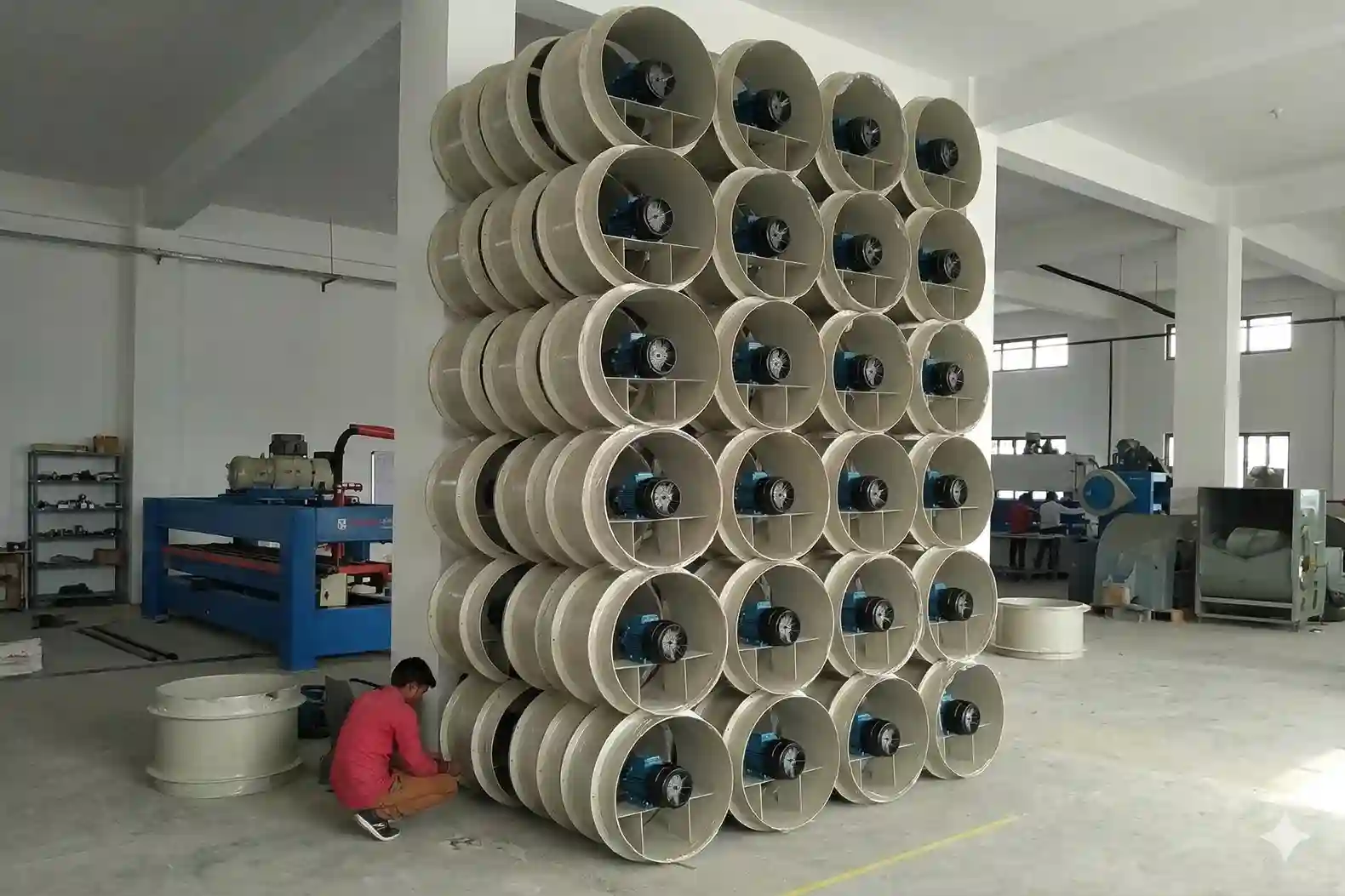 Industrial ventilation fans stacked in a factory workshop, used for HVAC air circulation and exhaust systems.